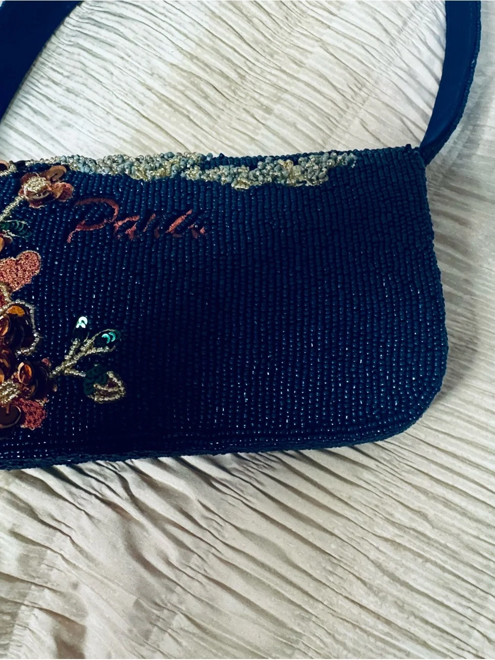 New Viral Paris Beaded Navy Bag with Paris Motif
